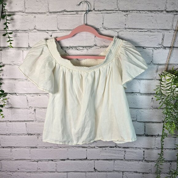 AMERICAN EAGLE CROPPED PEASANT TOP SMOCKED NECKLINE WHITE WOMENS SIZE MED - Picture 3 of 7